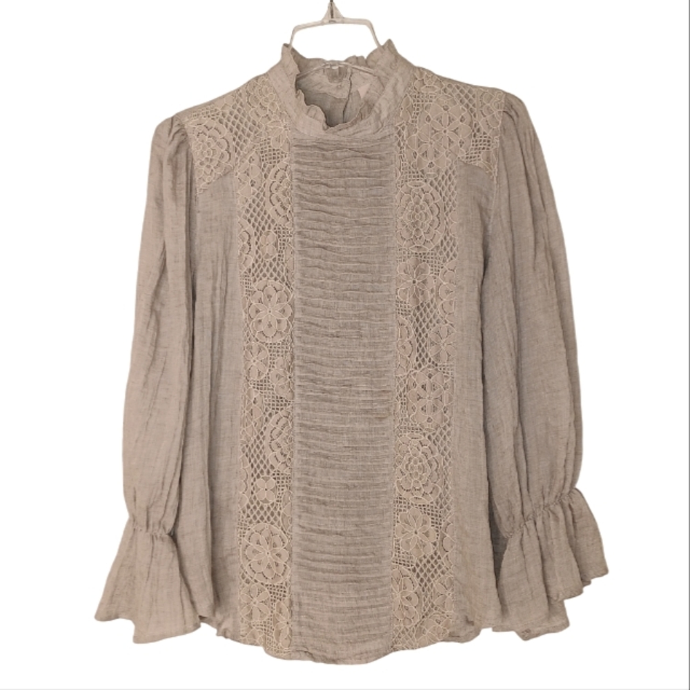 Once Upon a Dream Cottagecore Lace Trim Ruffle Blouse Women's Sz Med Beige